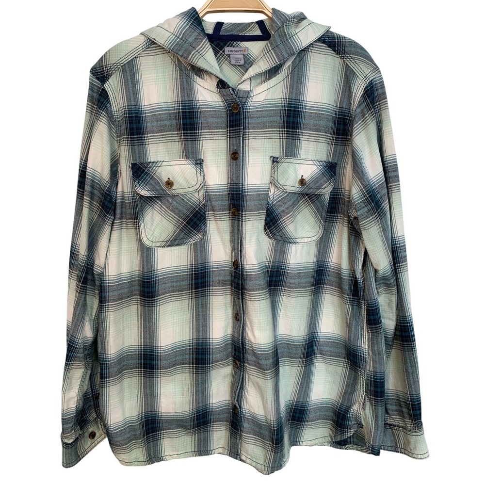 Carhartt Plaid Hooded Shirt Kids Long Sleeve Cotton Button Down / Size L 12